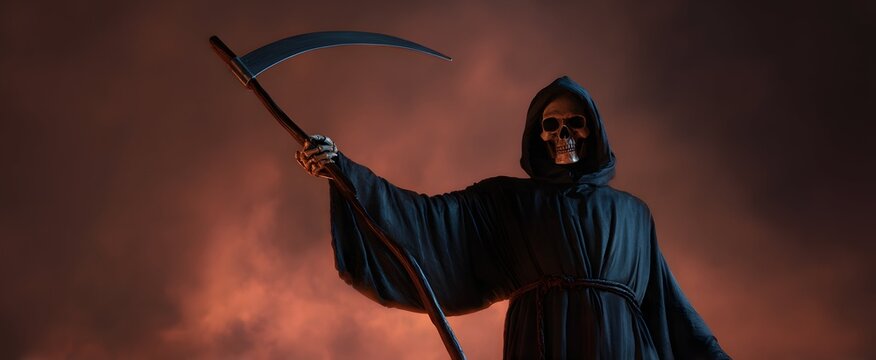 The grim reaper brandishing a menacing scythe in a striking shadowy pose