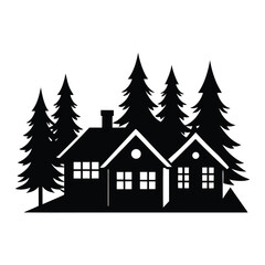 Winter village houses with pine trees and snow silhouette on white background