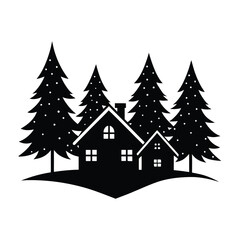 Obraz premium Winter village houses with pine trees and snow silhouette on white background