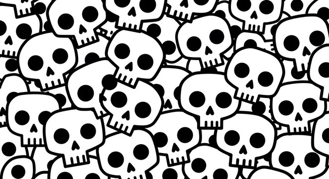 A dense pattern of simple white skulls with black eye sockets and nose holes.