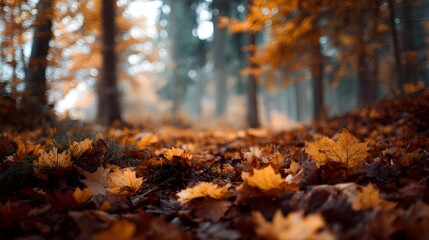 Fototapeta premium A peaceful low angle view of a forest floor densely covered with fallen autumn leaves in shades of orange yellow and brown illuminated by soft misty