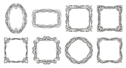 A vector illustration set of eight hand-drawn style decorative frames, white background