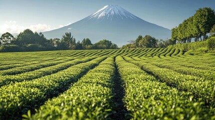 Lush Green Tea Fields Stretching Towards Majestic Snow-Capped Mountain Under Clear Blue Sky, Scenic Japanese Landscape in Morning Light