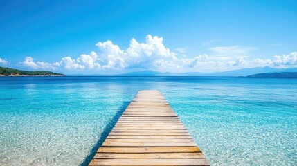 Fototapeta premium Calm and Serene Wooden Pier Overlooking Crystal Clear Water and Beautiful Clouds Under Bright Blue Sky in Tropical Paradise