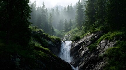 A majestic waterfall cascades down rocky slopes within a lush misty green forest creating a serene and refreshing natural landscape