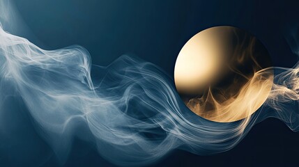 Ethereal Smoke Swirls Interacting with a Reflective Circular Object in a Dark Blue Background Creating a Dreamy Artistic Atmosphere