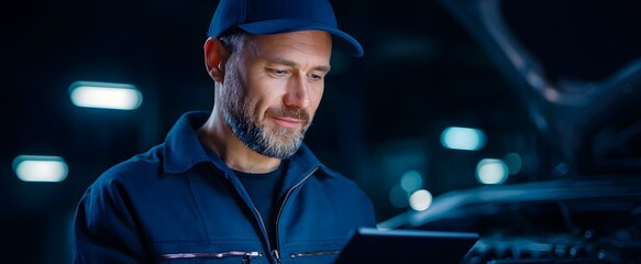 The skilled mechanic carefully inspecting a car engine using a sleek digital tablet in garage