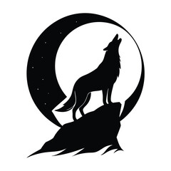 A lone wolf howling at the moon on a rocky outcrop silhouette illustration