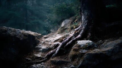 Fototapeta premium Forest trail ascends a slope with exposed tree roots gripping mossy rocks in a moody atmosphere