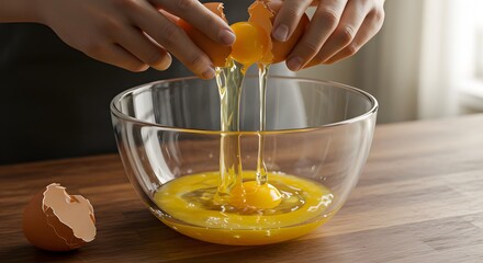 Close-up of hands cracking fresh raw eggs into a clear glass bowl on a wooden table, preparing ingredients.