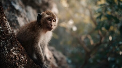 Fototapeta premium A young monkey sits on a tree branch in a lush sun d d jungle looking alertly into the distance