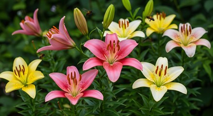 Obraz premium Beautiful Pink and Yellow Lilies in Bloom with Bees Flying Around Flowers