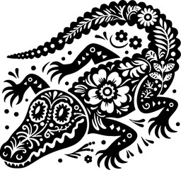 Vector Black Silhouette of Alligator in Bold Mexican Tribal Art Style