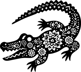 Vector Black Silhouette of Alligator in Bold Mexican Tribal Art Style