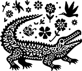 Vector Black Silhouette of Alligator in Bold Mexican Tribal Art Style