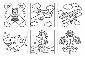 Fototapeta premium Diverse Animals Transport and Nature Outlines for Childrens Coloring Fun Coloring Page