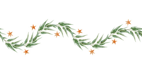 Naklejka premium Watercolor branch leaves and gold stars seamless border. The illustration botanical style hand drawn for invitations, cards, packaging.