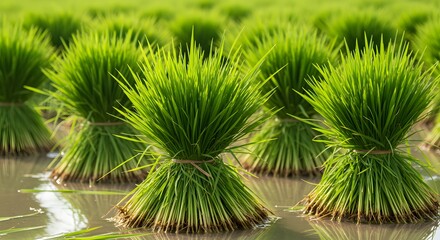 Fototapeta premium Bundles of Rice Seedlings Ready for Planting in a Shallow Field of Water
