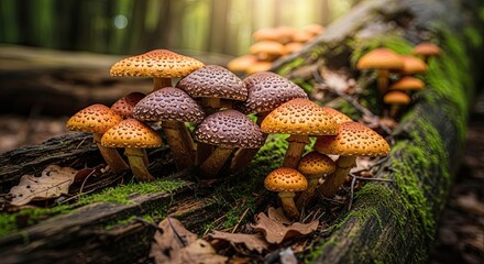 Forest floor mushrooms growing on a fallen log