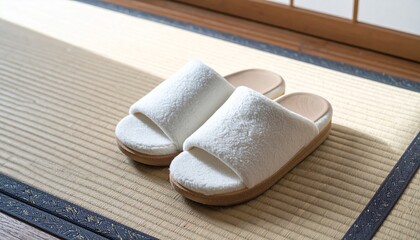 A pair of white slippers resting on a tatami mat with soft sunlight streaming in.