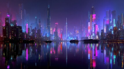 Fototapeta premium Night City Skyline with Tall Modern Skyscrapers Illuminated in Vibrant Neon Colors Reflection on Water