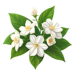 Obraz premium A sprig of white, five-petaled flowers with yellow centers, surrounded by green leaves