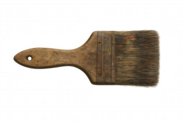 Old paint brush with wooden handle and worn bristles, showing usage marks, on transparent background