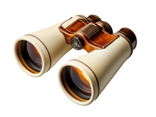 Vintage-style binoculars with cream body and brown accents, angled view