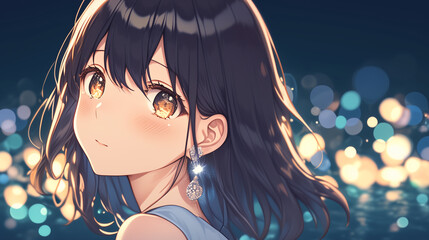 夜の輝きに包まれた美少女の視線
