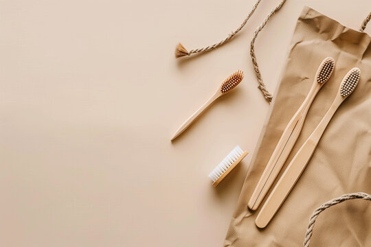 Bamboo toothbrushes are neatly arranged alongside a kraft paper shopping bag on a soft beige surface, promoting sustainable dental care practices in a minimalist style