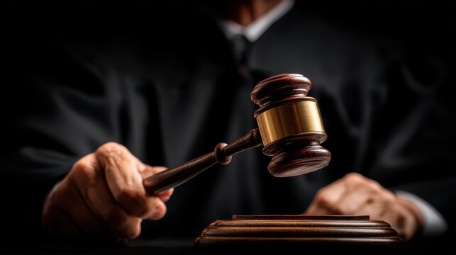 Close-up of a judge's hand holding a wooden gavel in a courtroom setting for legal decision making and justice symbolization