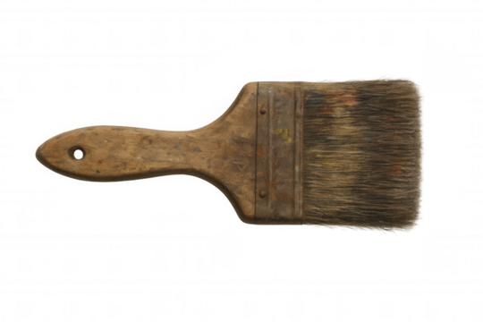 Old paint brush with wooden handle and worn bristles, showing usage marks, on transparent background