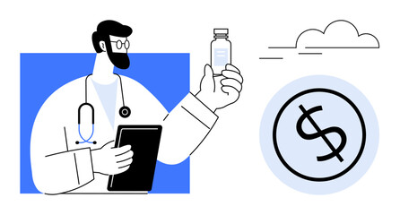 Doctor with stethoscope and tablet examines medicine vial near a dollar sign icon. Ideal for healthcare pricing, medical finance, pharmaceuticals, cost efficiency, telemedicine, insurance, public