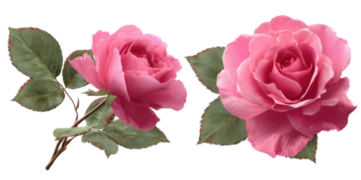 Two pink roses isolated on a black background, one with stem and leaves, the other showing its petals