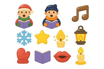 Festive emoji icons: carolers, winter symbols, and warm holiday elements