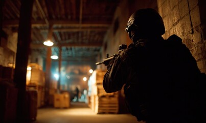 Obraz premium Soldier aiming weapon in dark warehouse, tactical combat scenario.