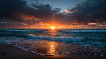 Spectacular Sunset Over Ocean Waves with Dramatic Cloudy Sky.
