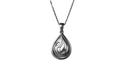 Ornate silver teardrop pendant necklace, detailed, elegant design
