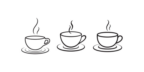 Steaming Coffee Cup Line Art Icon Set on White Background Vector Illustration Design