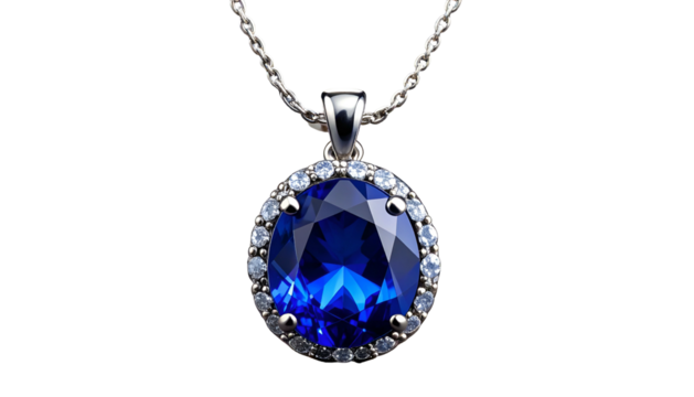 Sparkling sapphire pendant necklace with halo setting on black background