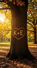 Autumnal Tree with Carved Heart - A Symbol of Love and Nature.
