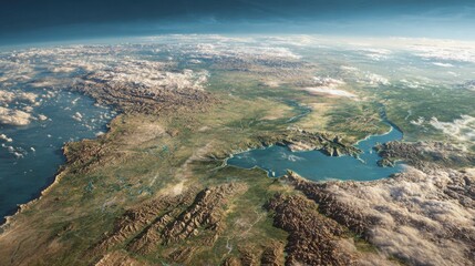 Fototapeta premium Aerial view of Earths surface showing land, water, and clouds.