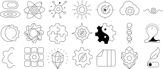 Science and Innovation Outline Icon Collection. Containing Atom, Gear, DNA, Idea, and Technology Icons.