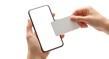 Woman holding a smartphone and a card for mobile payment solutions