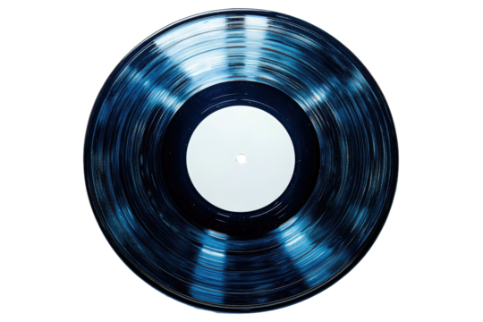 Grooved vinyl record with blue sheen and central white label on black backdrop