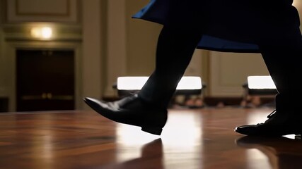 Close up of a person wearing polished black formal shoes and dark trousers walking across a glossy dark wood floor with soft ambient lighting and a