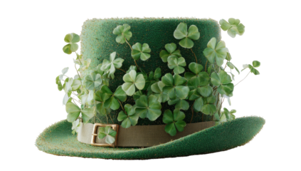 Green hat adorned with four-leaf clovers, perfect for St. Patrick's Day festivities