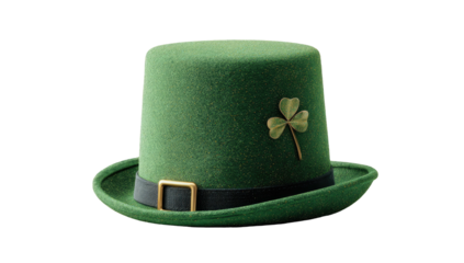 A vibrant green, classic, cylindrical hat with a shamrock pin, black band, and gold buckle