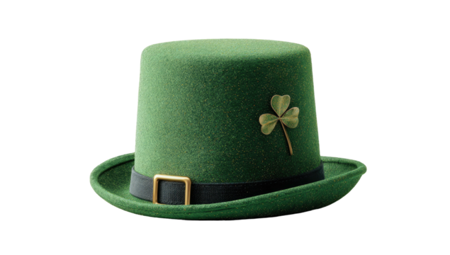 A vibrant green, classic, cylindrical hat with a shamrock pin, black band, and gold buckle