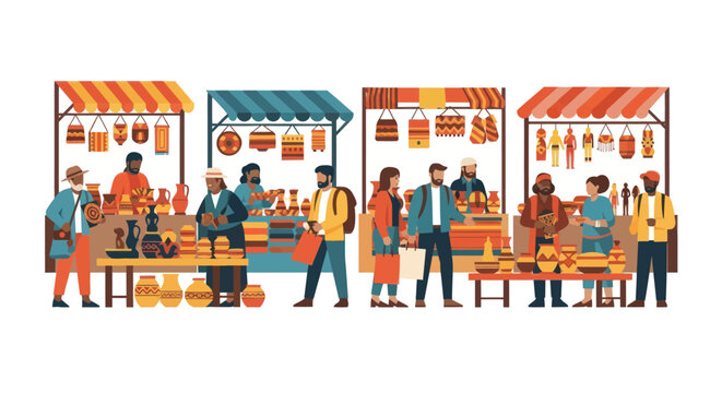 Lively Outdoor Market Scene with Shoppers and Vendors at Stalls.